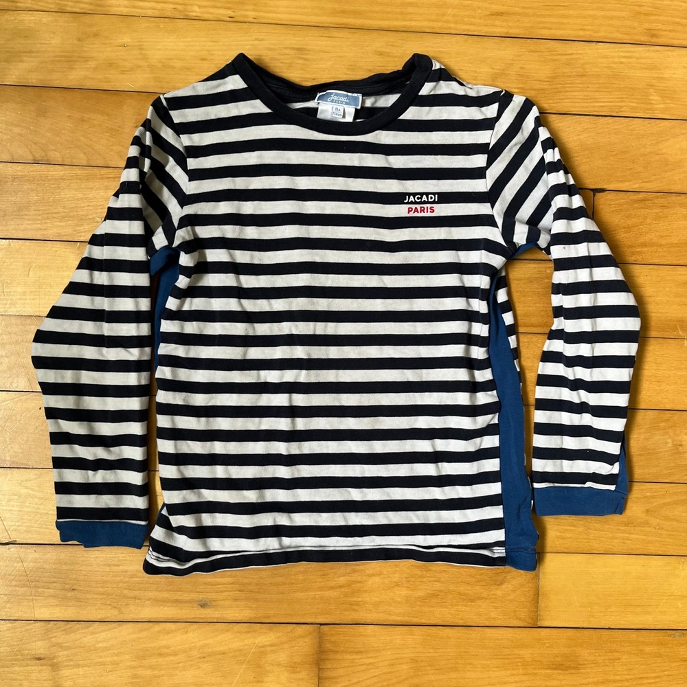 Jacadi Paris Boys Navy Blue White Striped Long Sleeve Logo Shirt Size 8A 128cm